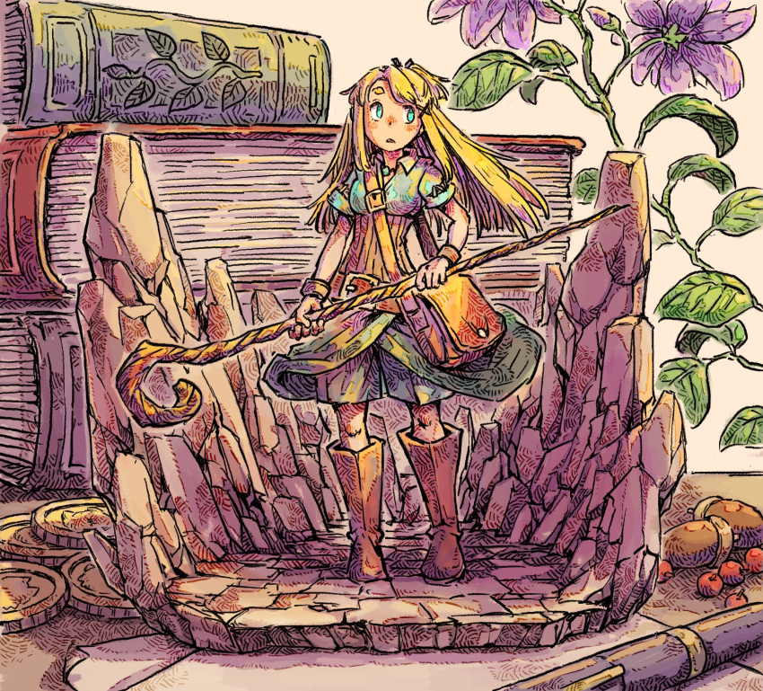 1girl, absurdres, acorn, aqua_eyes, aqua_shirt, bag, belt, berry