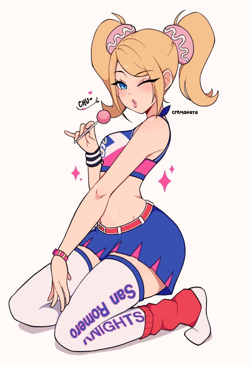 1girl, absurdres, artist_name, blonde_hair, blue_eyes, blue_shirt, blue_skirt, bracelet