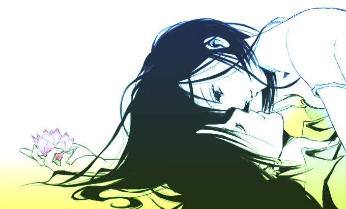 1girl, 2girls, artist_request, black_hair, chrome_dokuro, closed_eyes, couple, flower, incipient_kiss, katekyo_hitman_reborn!, long_hair, lying, monochrome, multiple_girls, profile, rokudou_mukuro, smile, source_request, yo_(artist), yuri