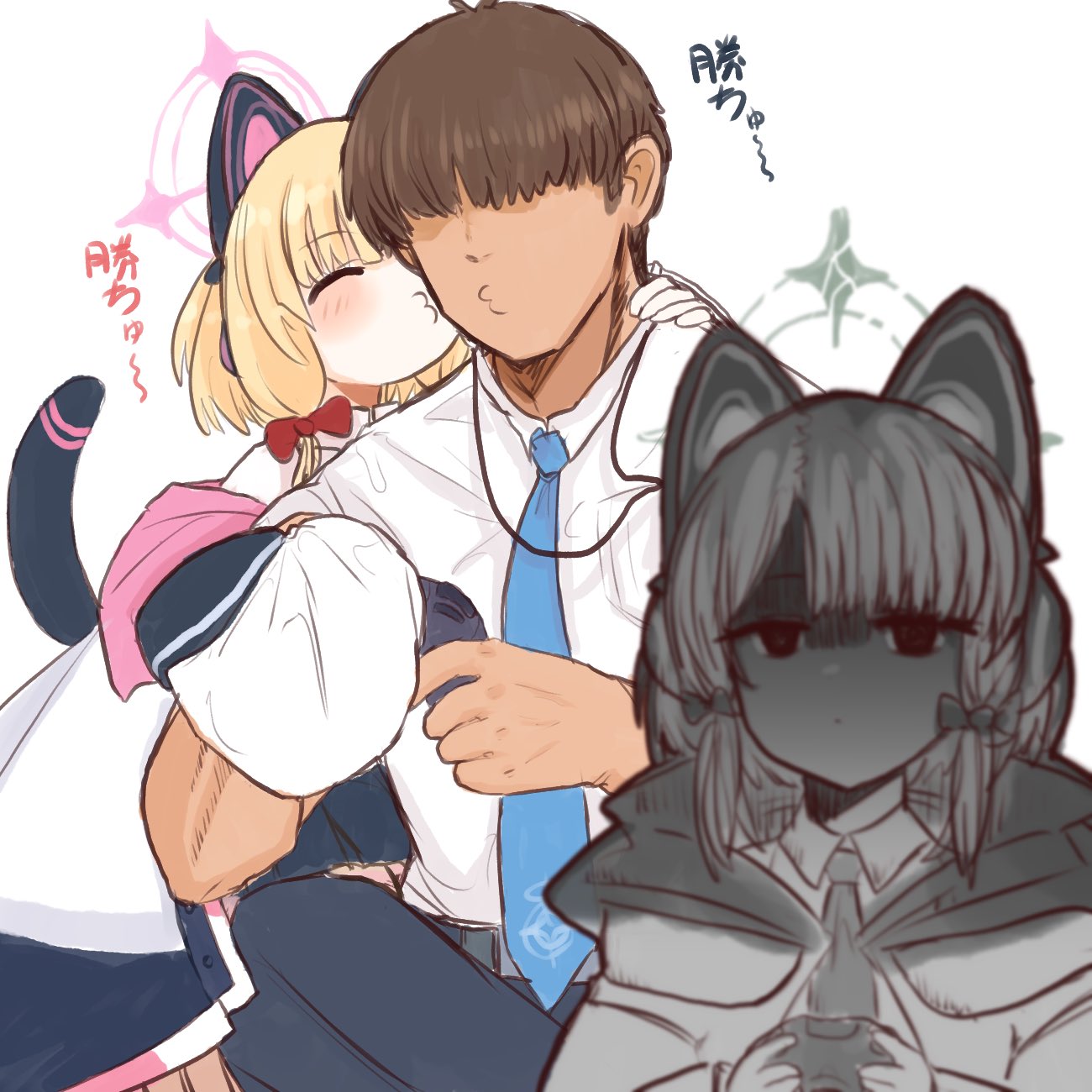 1boy, 2girls, animal_ear_headphones, animal_ears, blonde_hair, blue_archive, blue_necktie, blush, bow, brown_hair, cat_ear_headphones, cat_tail, comedy, commentary, controller, faceless, faceless_male, fake_animal_ears, fake_tail, flirting, game_controller, hair_bow, halo, headphones, hetero, highres, holding, holding_controller, holding_game_controller, jacket, jealous, long_sleeves, midori_(blue_archive), momoi_(blue_archive), multiple_girls, necktie, petrification, puckered_lips, sensei_(blue_archive), shaded_face, shiming_liangjing, shirt, siblings, simple_background, sisters, symbol-only_commentary, tail, twins, unamused, white_background, white_jacket, white_shirt