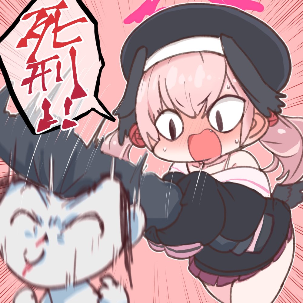 <|>_<|>, 1boy, 1girl, arona's_sensei_doodle_(blue_archive), black_headwear, black_shirt, blue_archive, blush