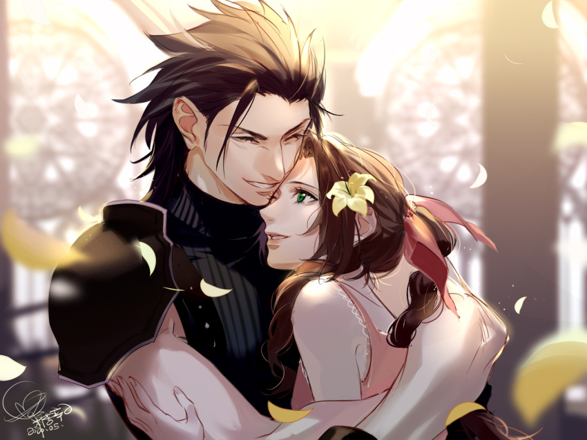 1boy, 1girl, aerith_gainsborough, armor, bare_shoulders, black_gloves, black_hair, blurry
