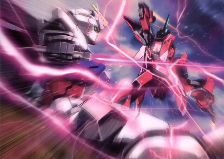 aegis_gundam, aile_strike_gundam, artist_request, beam_saber, green_eyes, gundam, gundam_seed, highres