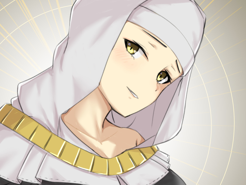 1girl, absurdres, clip_studio_paint_(medium), coif, commentary, elfenlied22, fate/extra, fate/extra_ccc, fate/grand_order, fate_(series), gold_necklace, grin, halo, highres, jewelry, light_blush, looking_at_viewer, necklace, portrait, sessyoin_kiara, smile, solo, teeth, white_headwear, yellow_eyes