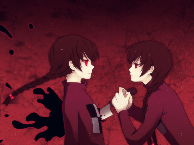 braid, dual_persona, knife, madotsuki, multiple_girls, profile, red_eyes, stabbing