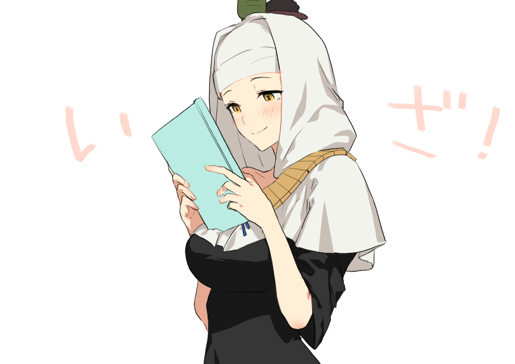 1girl, akinashi_yuu, black_dress, blush, book, breasts, closed_mouth, coif