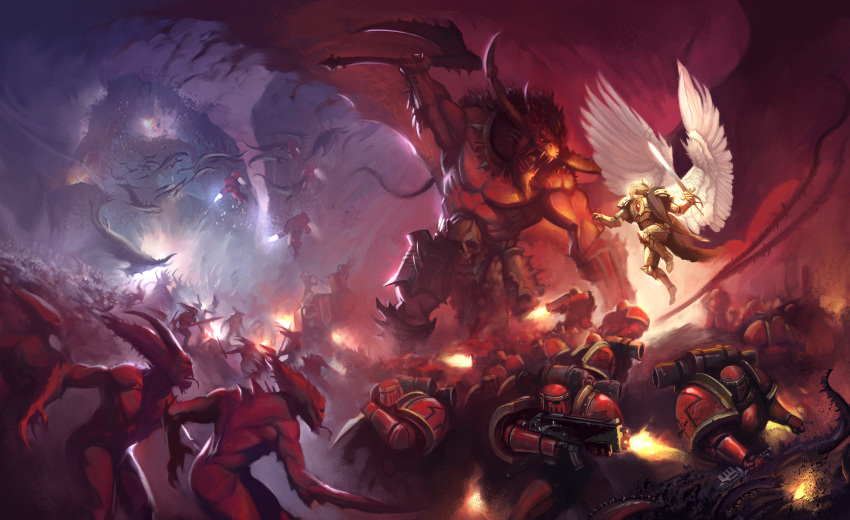 absurdres, adeptus_astartes, angel, angel_wings, armor, armored_boots, arrow_(symbol), battle, battlefield, blade_encarmine, blonde_hair, blood_angels, bloodthirster, bolter, boots, breastplate, chain_axe, chaos_(warhammer), commentary, couter, cuirass, english_commentary, firing, flying, from_side, gauntlets, gold_armor, greater_demon_(warhammer), greaves, highres, holding, holding_sword, holding_weapon, horns, ka'bandha, khorne, leg_armor, male_focus, medium_hair, mountain, outdoors, pauldrons, photoshop_(medium), poleyn, power_armor, primarch, red_armor, rerebrace, sanguinius, shoulder_armor, sky, solo_focus, straight-on, sword, tentacles, victor_fernandez, warhammer_40k, weapon, wings
