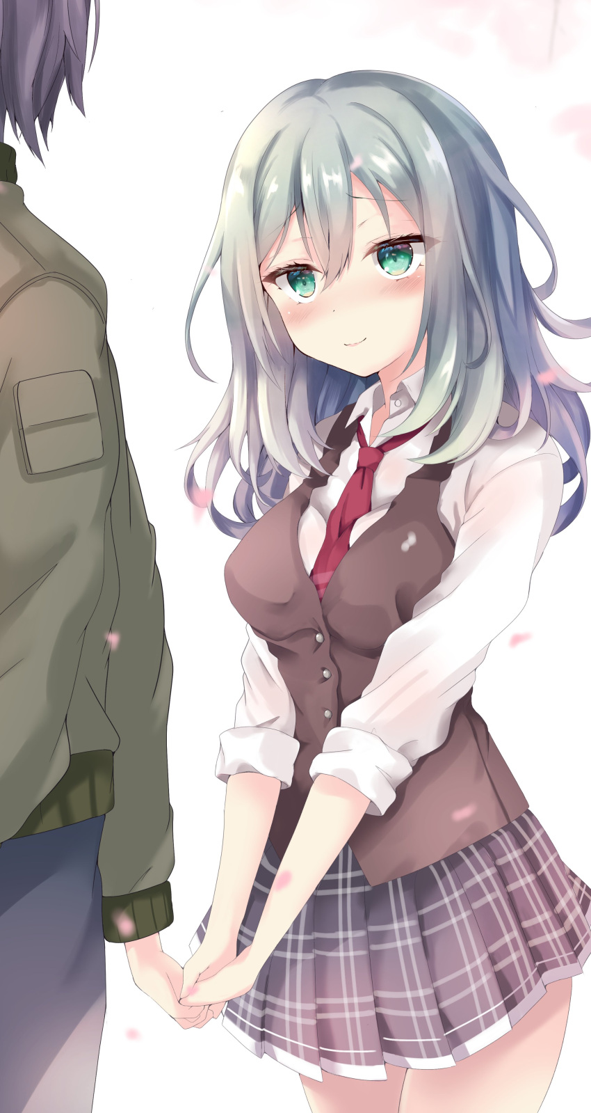 1boy, 1girl, absurdres, aqua_hair, arihara_satoru, between_breasts, blush, breasts