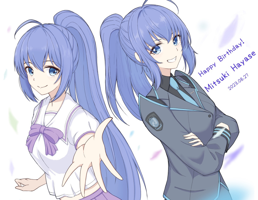1girl, ahoge, black_shirt, blue_eyes, blue_hair, blue_necktie, bow, collared_shirt