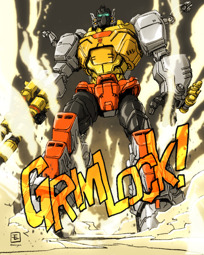 absurdres, assault_visor, autobot, character_name, glowing, grimlock, gun, highres