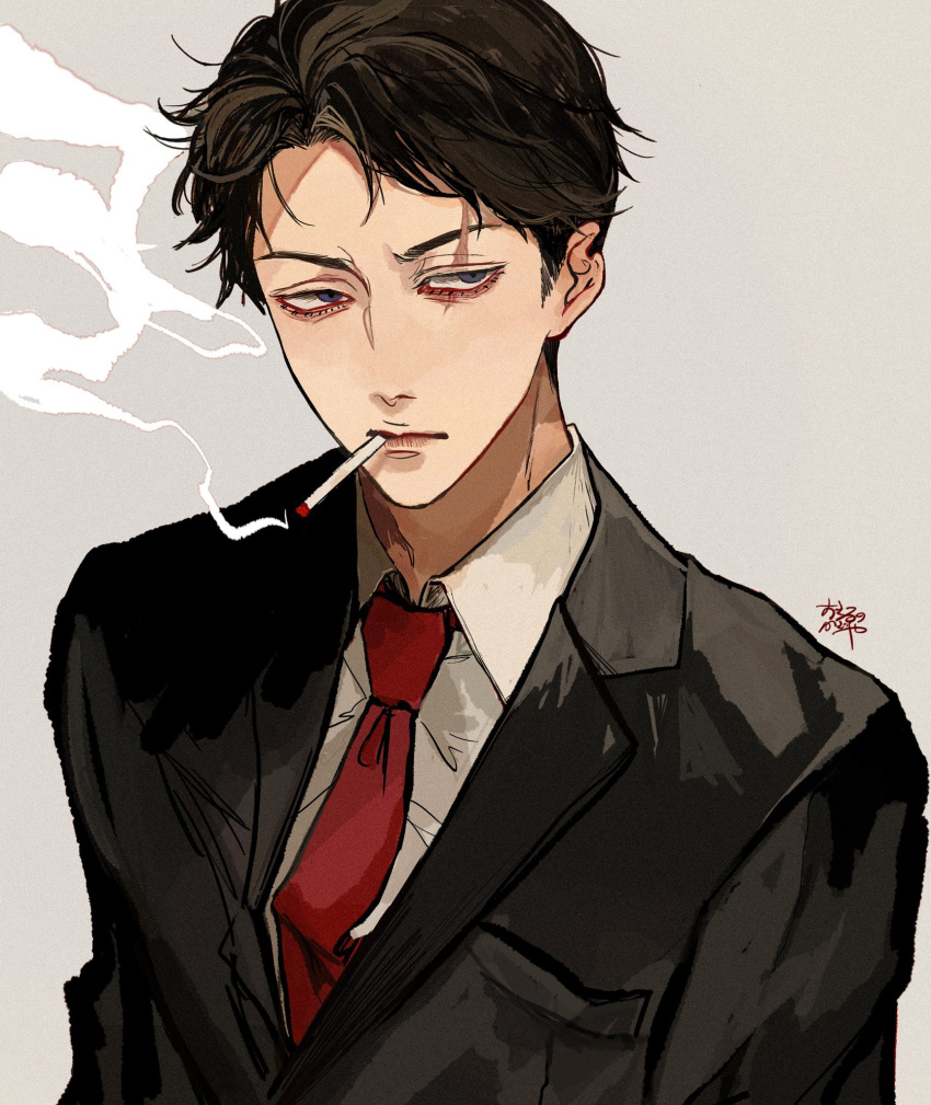 1boy, black_jacket, brown_eyes, brown_hair, cigarette, closed_mouth, collared_shirt, formal