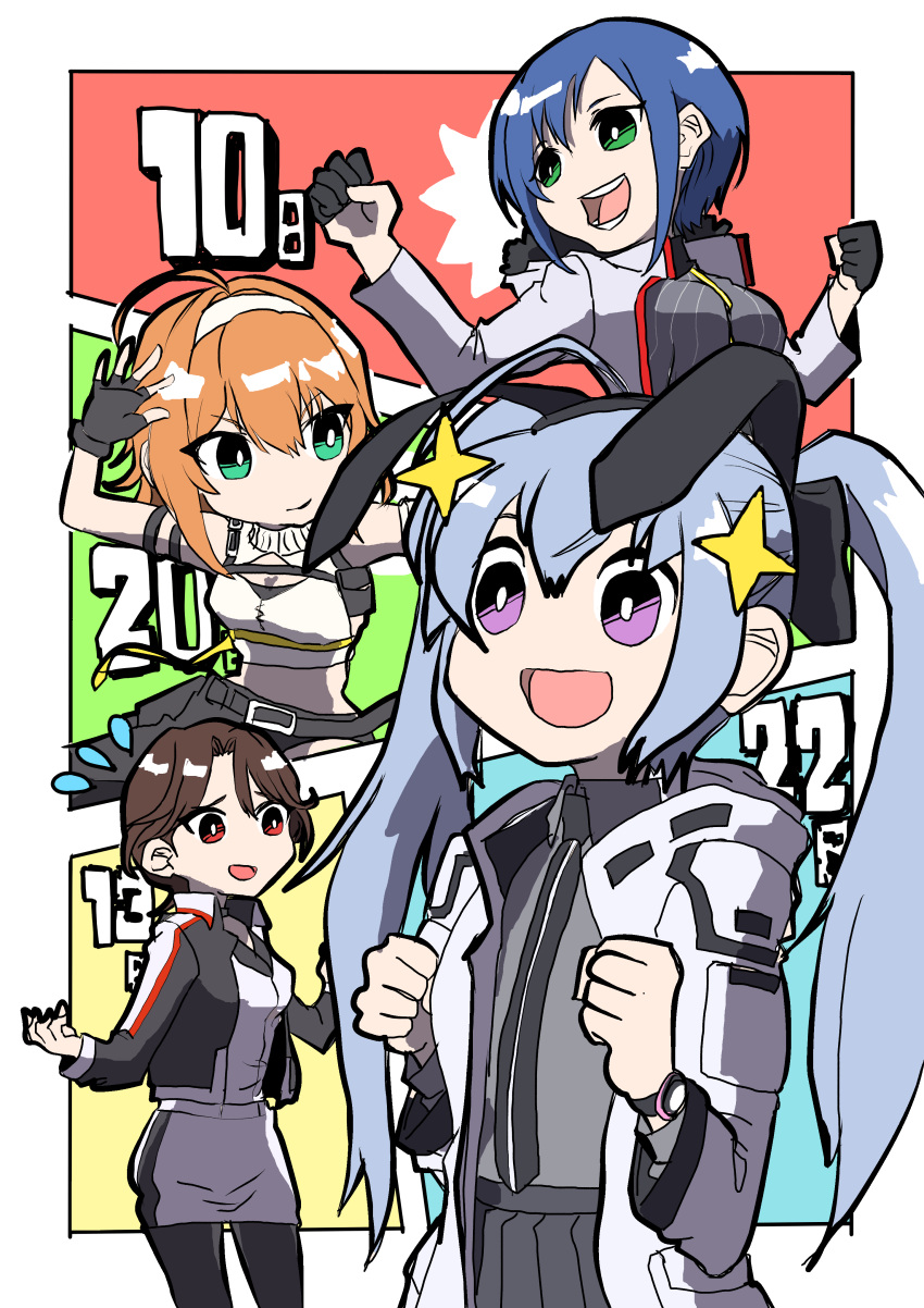 4girls, absurdres, black_ribbon, black_shirt, black_skirt, blue_hair, breasts, bright_pupils, brown_hair, clenched_hands, cropped_sweater, fingerless_gloves, gloves, grey_hair, grey_jacket, grey_shirt, grey_skirt, hair_ribbon, highres, isumi_michiru, jacket, kashiwagi_haruko, legna1113, long_hair, medium_breasts, multiple_girls, muv-luv, muv-luv:_dimensions, muv-luv_alternative, open_hand, open_mouth, orange_hair, pleated_skirt, red_eyes, ribbon, shirt, short_hair, skirt, sleeveless, sleeveless_sweater, smile, sparkle_hair_ornament, suzumiya_akane, sweater, twintails, watch, watch, white_pupils, white_sweater, yashiro_kasumi