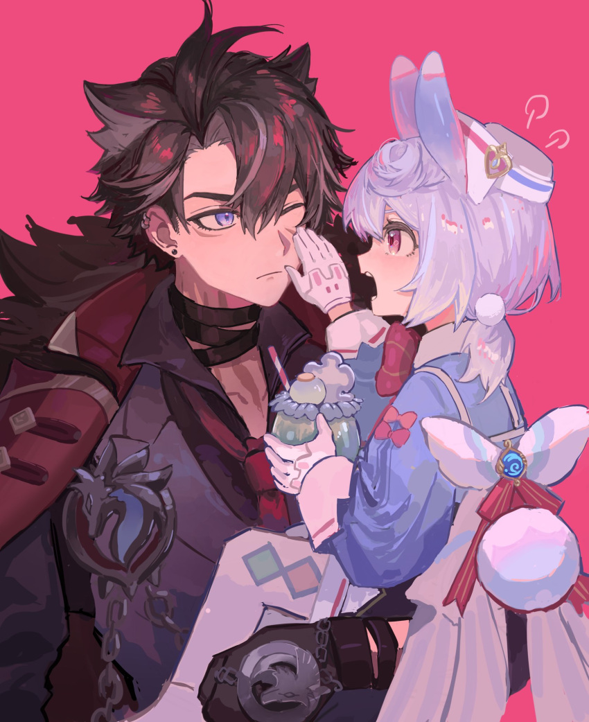 1boy, 1girl, 666_krs000, ;|, back_bow, bandaged_neck, bandages, black_bandages, black_gloves, black_hair, black_shirt, blue_shirt, bow, bowtie, carrying, carrying_person, closed_mouth, coat, commentary_request, drinking_straw, ear_piercing, expressionless, fur-trimmed_coat, fur_trim, genshin_impact, gloves, hair_ears, hair_ornament, hand_on_another's_cheek, hand_on_another's_face, hat, highres, long_hair, long_sleeves, looking_at_another, milkshake, multicolored_hair, nurse_cap, pantyhose, parted_bangs, piercing, pink_background, pink_bow, pink_bowtie, pink_eyes, pom_pom_(clothes), pom_pom_hair_ornament, scar, scar_on_neck, shirt, short_hair, shouting, sigewinne_(genshin_impact), simple_background, size_difference, streaked_hair, violet_eyes, vision_(genshin_impact), white_gloves, white_hair, white_headwear, white_pantyhose, wriothesley_(genshin_impact)