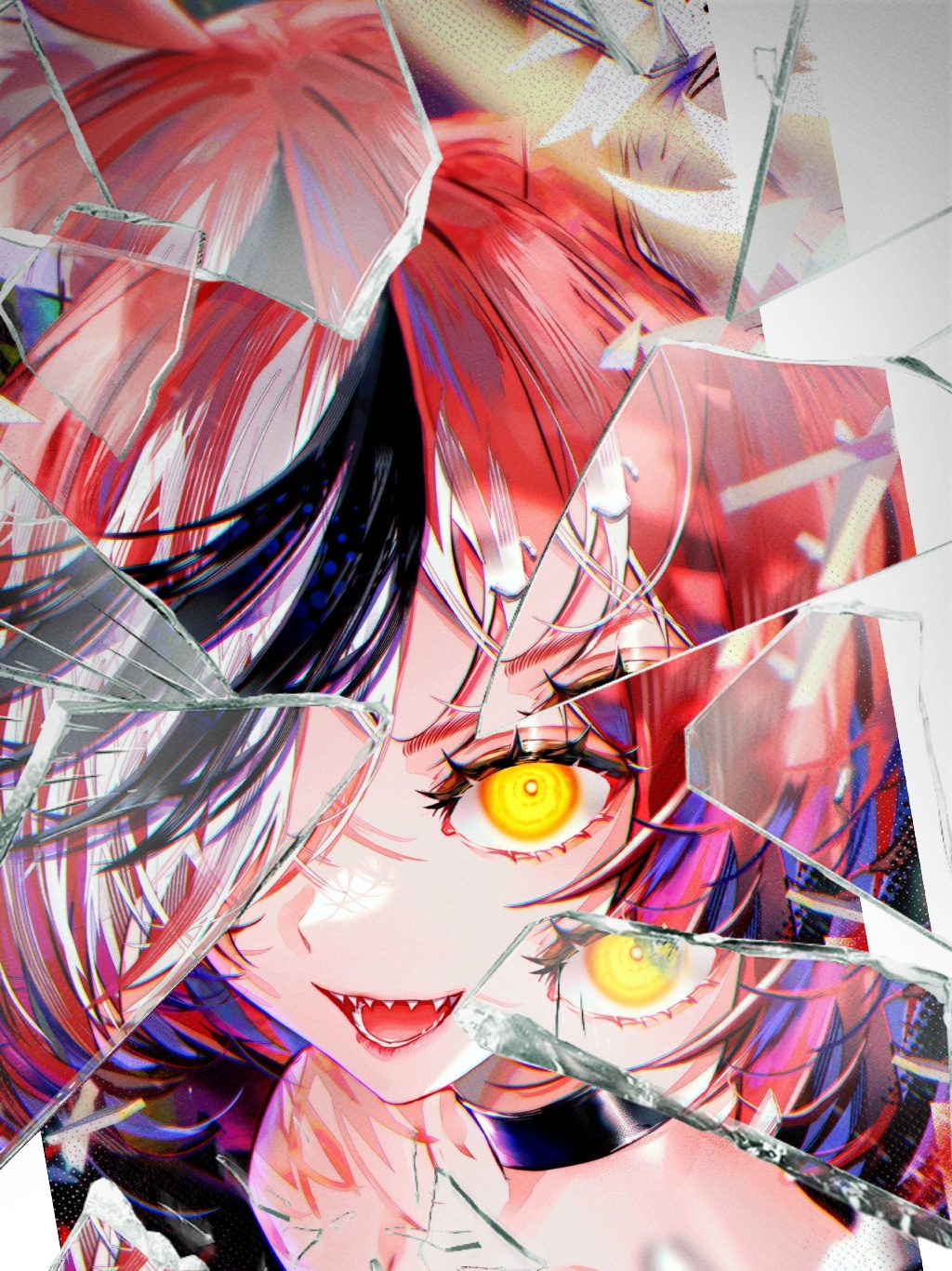 1girl, animal_ears, bare_shoulders, black_choker, black_hair, bright_pupils, broken_glass, choker