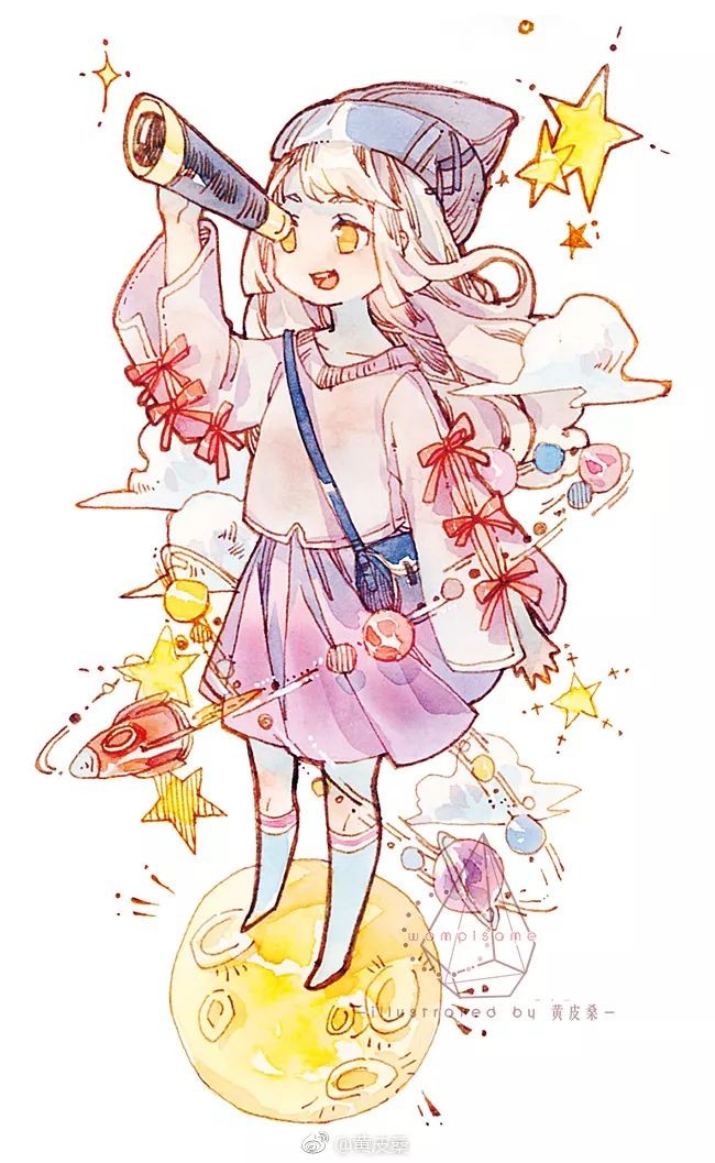 1girl, bag, beanie, blonde_hair, blue_bag, blunt_bangs, bow, clouds, collarbone, cross-laced_headwear, eyelashes, fire, full_body, grey_headwear, hat, holding_telescope, huangpi_sang, kneehighs, long_hair, long_sleeves, looking_ahead, looking_through_scope, miniskirt, moon, no_shoes, open_mouth, original, pink_sweater, pleated_skirt, purple_skirt, red_bow, rocket, shoulder_bag, skirt, sleeve_bow, smile, socks, solo, star_(symbol), sweater, teeth, third-party_source, upper_teeth_only, watermark, weibo_logo, weibo_username, white_background, white_socks, wide_sleeves, yellow_eyes