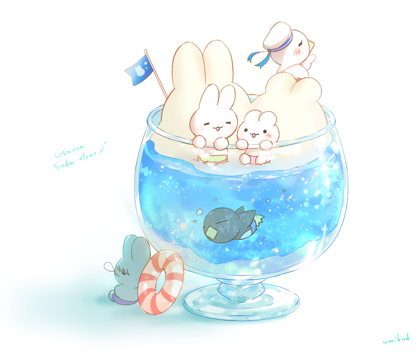 animal_focus, artist_name, bird, black_eyes, blue_hair, blue_ribbon, blue_swim_trunks, bubble, closed_eyes, commentary_request, english_text, flag, food, food_focus, green_swim_trunks, hat, hat_ribbon, ice_cream, ice_cream_float, innertube, light_blue_hair, looking_at_another, male_swimwear, no_humans, nose_bubble, open_mouth, original, oversized_food, oversized_object, penguin, pink_swim_trunks, purple_swim_trunks, rabbit, ribbon, sailor_hat, seagull, shadow, single_blush_sticker, sleeping, smile, solid_circle_eyes, swim_trunks, swimming, umibird, white_background, white_headwear