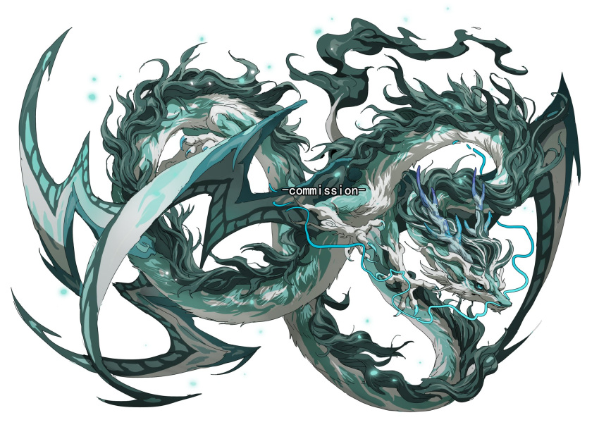 animal_focus, antlers, blue_eyes, body_fur, claws, commission, dragon, eastern_dragon, from_side, full_body, green_fur, highres, horns, mane, multiple_wings, no_humans, original, simple_background, solo, white_background, white_fur, wings, xiaopizi32439