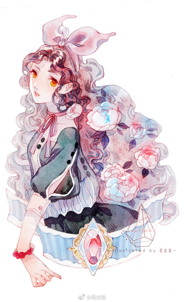 1girl, arm_cutout, bead_bracelet, beads, black_skirt, blue_ribbon, bow, bracelet, brown_hair, buttons, chinese_commentary, collarbone, commentary_request, english_text, eyelashes, flower, frilled_shirt, frills, gem, green_shirt, hair_bow, hair_flower, hair_ornament, huangpi_sang, jewelry, long_hair, long_sleeves, looking_at_viewer, neck_ribbon, original, parted_lips, pink_bow, pink_flower, pink_lips, pink_ribbon, pink_rose, puffy_long_sleeves, puffy_sleeves, red_bracelet, red_gemstone, ribbon, rose, shirt, skirt, sleeves_past_elbows, solo, teeth, upper_body, very_long_hair, watermark, wavy_hair, weibo_logo, weibo_username, white_background, yellow_eyes