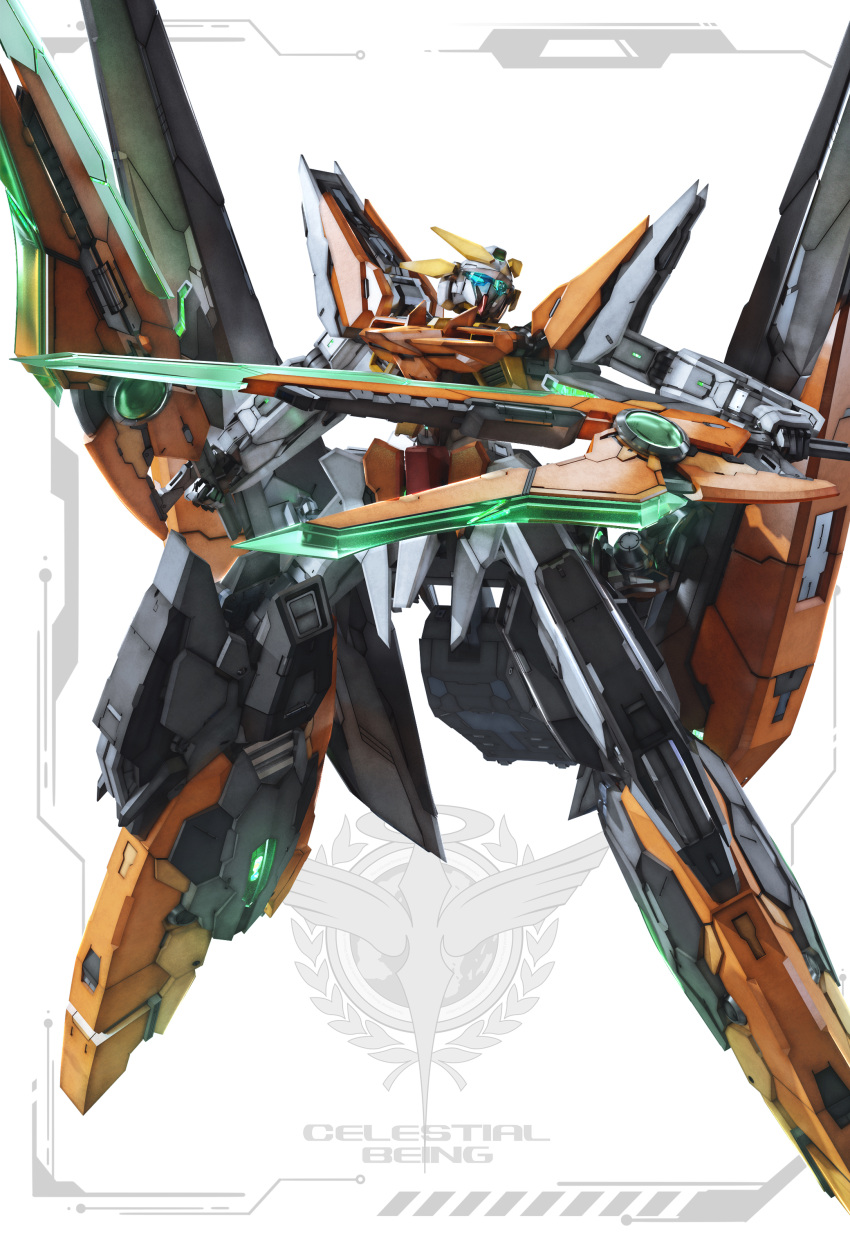 absurdres, assault_visor, beam_rifle, bit_(gundam), blue_eyes, celestial_being, commentary, dual_wielding, emblem, energy_gun, explosion, flying, glowing, glowing_eyes, gun, gundam, gundam_00, gundam_00_a_wakening_of_the_trailblazer, gundam_harute, highres, holding, holding_gun, holding_weapon, laser, lolicon_(lolicon42051636), looking_up, mecha, mobile_suit, no_humans, robot, science_fiction, solo, v-fin, weapon, white_background