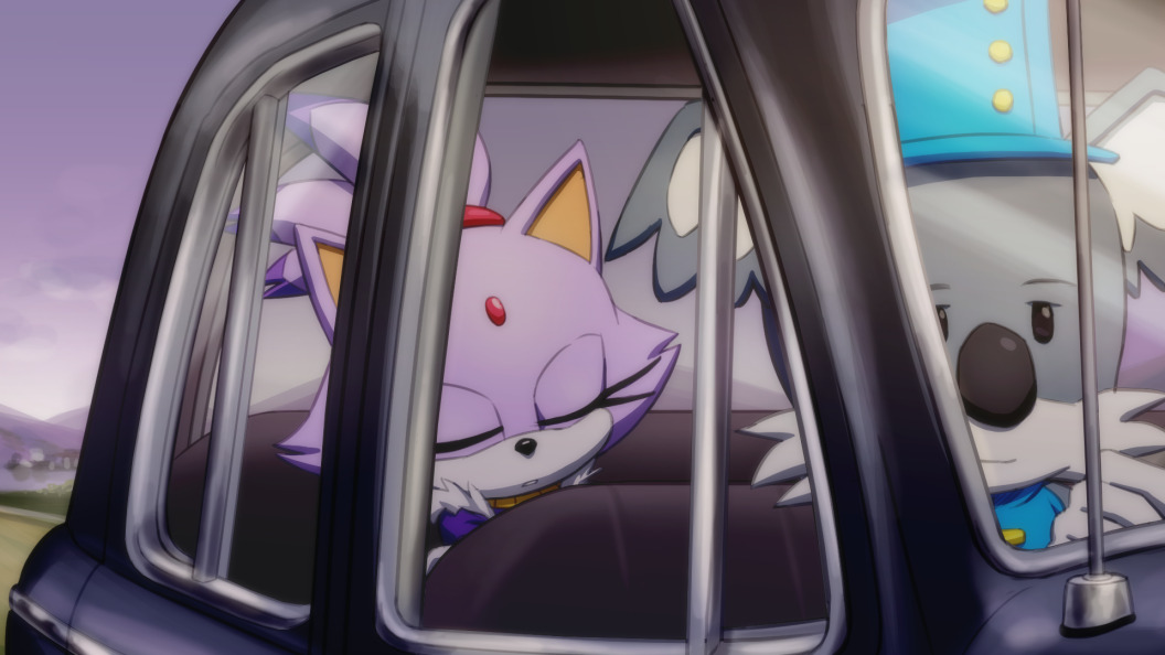 1boy, 1girl, animal_ears, blaze_the_cat, blue_headwear, car, cat_ears, closed_eyes