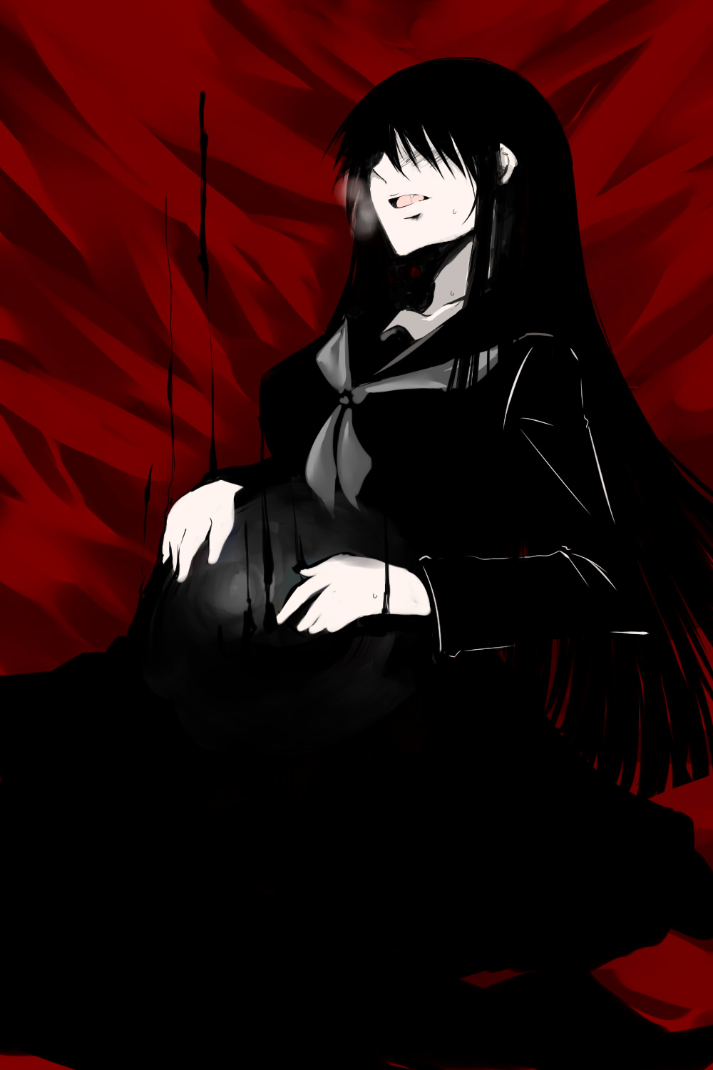 black_hair, cosax, hagoromo_kitsune, highres, long_hair, nurarihyon_no_mago, pregnant, school_uniform