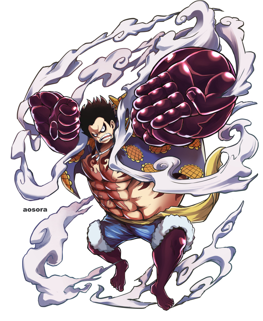 1boy, alternate_form, aosora2823, artist_name, black_hair, clenched_hand, commentary, floating_hair