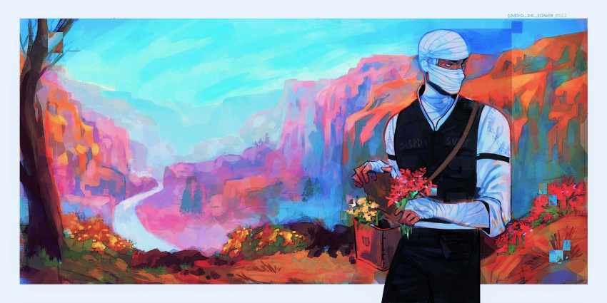 1boy, 2022, absurdres, artist_name, bag, bandaged_arm, bandages, bare_tree, black_pants, blue_eyes, blue_sky, bulletproof_vest, canyon, cardo-de-comer, cliff, cropped_feet, dark_skin, dated, day, fallout_(series), fallout_new_vegas, flower, grass, highres, holding, impressionism, joshua_graham, looking_to_the_side, male_focus, pants, pine_tree, red_flower, river, sky, solo, strap, swat, tree, yellow_flower