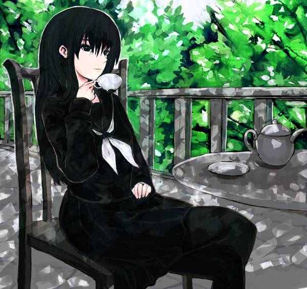 black_hair, chair, cup, hagoromo_kitsune, jyairo, long_hair, nurarihyon_no_mago, outdoors