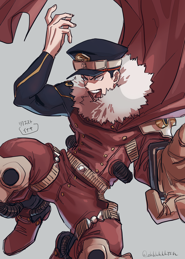 1boy, black_hair, black_headwear, bodysuit, boku_no_hero_academia, brown_gloves, cape, fur-trimmed_cape