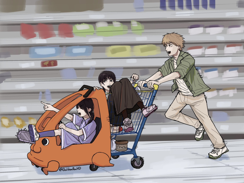 1boy, 2girls, black_hair, black_skirt, blonde_hair, braid, braided_ponytail, chainsaw_man
