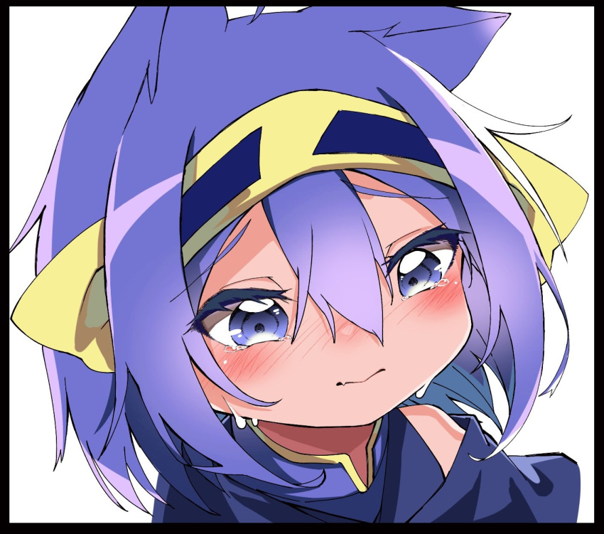 1girl, animal_ears, atsu_toushirou_(tenka_hyakken), bare_shoulders, black_border, blue_capelet, blue_eyes, blue_hair