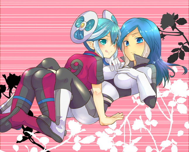 :p, blue_eyes, blue_hair, blush, bodysuit, inazuma_eleven, irouha, maquia