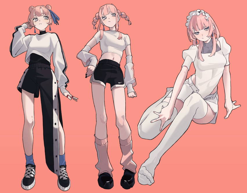 1girl, absurdres, asymmetrical_legwear, black_nails, black_undershirt, blue_socks, blunt_bangs, bodysuit, breasts, commentary, covered_navel, crop_top, dangle_earrings, detached_sleeves, dolphin_shorts, double_bun, earrings, feet, fingernails, grey_eyes, grey_undershirt, hair_behind_ear, hair_bun, hair_over_shoulder, hair_ribbon, hand_on_ground, hand_on_own_hip, hand_on_own_thigh, hand_up, highres, invisible_floor, jewelry, legs, looking_to_the_side, loose_socks, maid, maid_headdress, medium_breasts, midriff, multiple_views, nail_polish, navel, nike, open_fly, original, outstretched_leg, ozorano_megane, pink_background, pink_hair, pink_nails, pink_socks, puffy_short_sleeves, puffy_sleeves, reference_sheet, ribbon, ring, shoes, short_sleeves, shorts, simple_background, sneakers, socks, solo, sweater, thigh-highs, thigh_gap, turtleneck, undershirt, white_bodysuit