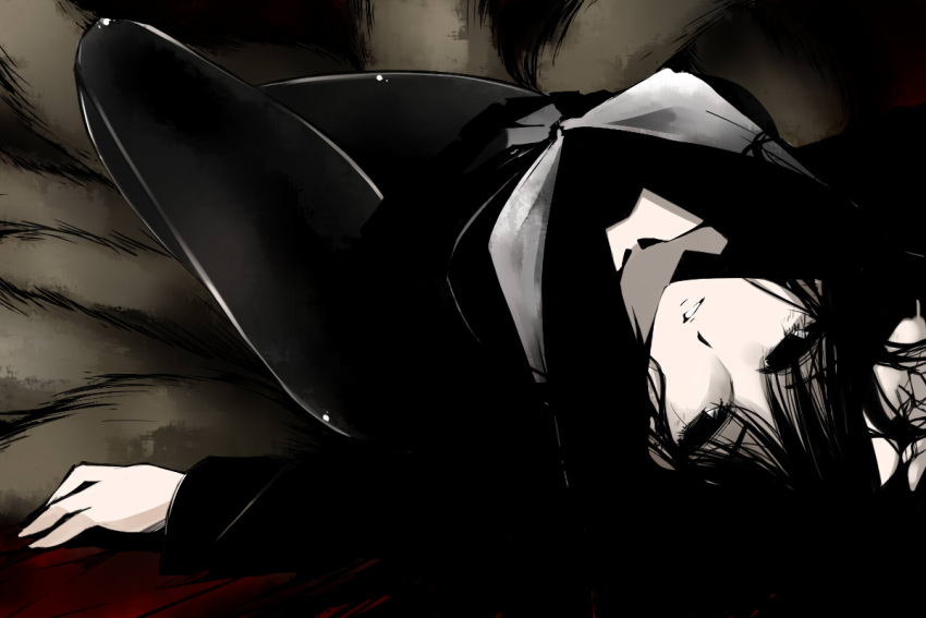 black_hair, cosax, hagoromo_kitsune, long_hair, lying, nurarihyon_no_mago, pantyhose, school_uniform, solo, tail