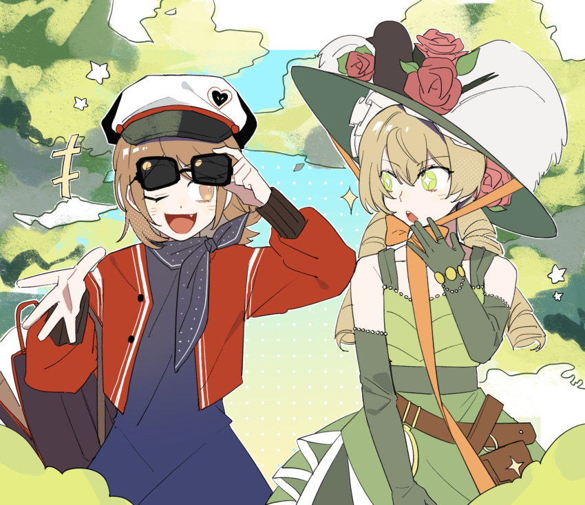 2girls, adjusting_eyewear, bag, belt_pouch, blue_dress, blue_scarf, bobodoki, brown_eyes, brown_hair, bush, commentary_request, day, dress, drill_hair, elbow_gloves, fang, flower, gloves, green_dress, green_gloves, green_headwear, hair_flower, hair_ornament, hand_to_own_mouth, hat, hat_flower, highres, jacket, jewelry, large_hat, light_blush, long_hair, long_sleeves, multiple_girls, one_eye_closed, open_clothes, open_jacket, open_mouth, outdoors, pouch, red_flower, red_jacket, red_rose, regulus_(reverse:1999), reverse:1999, ring, rose, scarf, short_hair, sleeveless, sleeveless_dress, smile, sotheby, sparkle, sparkling_eyes, star_(symbol), sunglasses, twin_drills, water