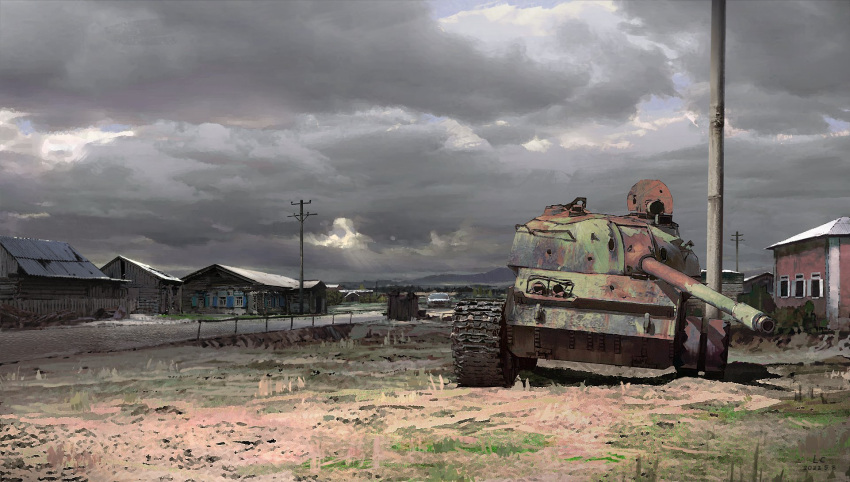 abandoned, broken_window, building, car, chain-link_fence, clouds, cloudy_sky, commentary