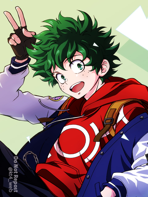1boy, backpack, bag, blue_jacket, boku_no_hero_academia, brown_bag, brown_gloves, drawstring, fingerless_gloves, gloves, green_eyes, green_hair, hood, hoodie, jacket, letterman_jacket, long_sleeves, looking_at_viewer, male_focus, midoriya_izuku, open_mouth, red_hoodie, short_hair, solo, teeth, tsukuyomi_kou, twitter_username, upper_teeth_only, v