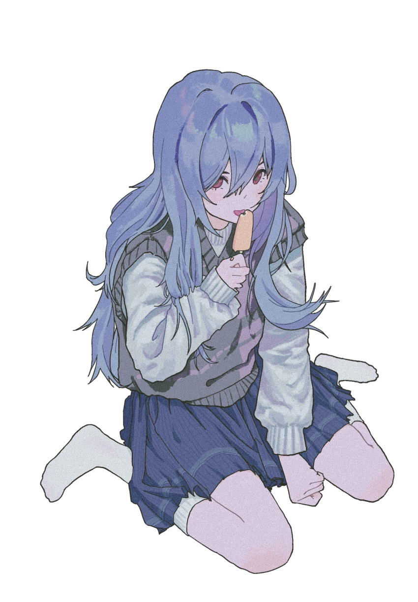 1girl, ayanami_rei, between_legs, blue_hair, blue_skirt, chinese_commentary, commentary_request, eating, expressionless, film_grain, food, from_above, full_body, grey_vest, hair_between_eyes, hand_between_legs, highres, holding, holding_food, holding_popsicle, huadan_xie, kneehighs, long_hair, looking_at_viewer, neon_genesis_evangelion, no_shoes, popsicle, red_eyes, simple_background, sitting, skirt, socks, solo, sweater, tongue, tongue_out, vest, wariza, white_background, white_socks, white_sweater