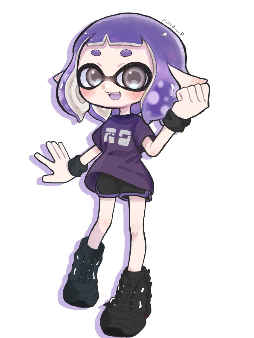 1girl, artist_name, black_footwear, black_shorts, clenched_hand, commentary_request, grey_eyes, highres, inkling, inkling_girl, medium_hair, mina_p, open_mouth, pointy_ears, purple_hair, purple_shirt, shirt, shoes, shorts, simple_background, smile, solo, splatoon_(series), splatoon_3, teeth, upper_teeth_only, white_background, wristband