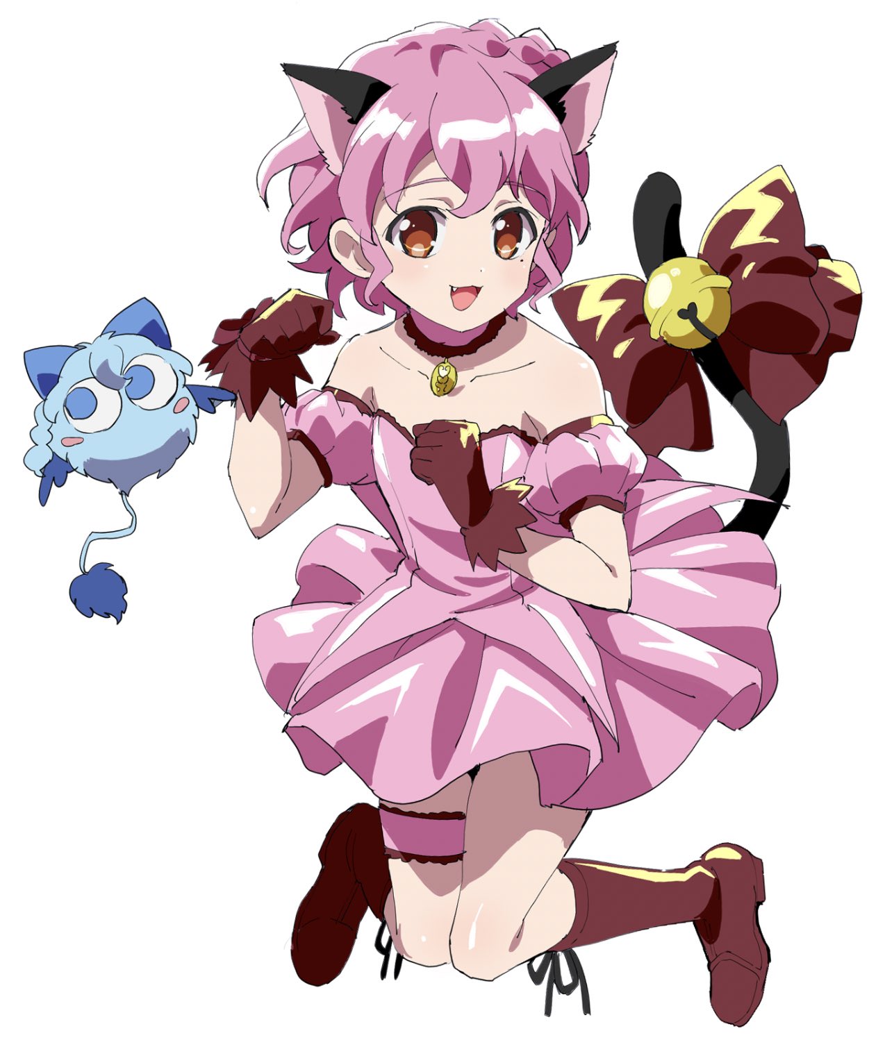 1boy, :d, animal_ears, bare_shoulders, bell, blue_eyes, blue_hair, boots