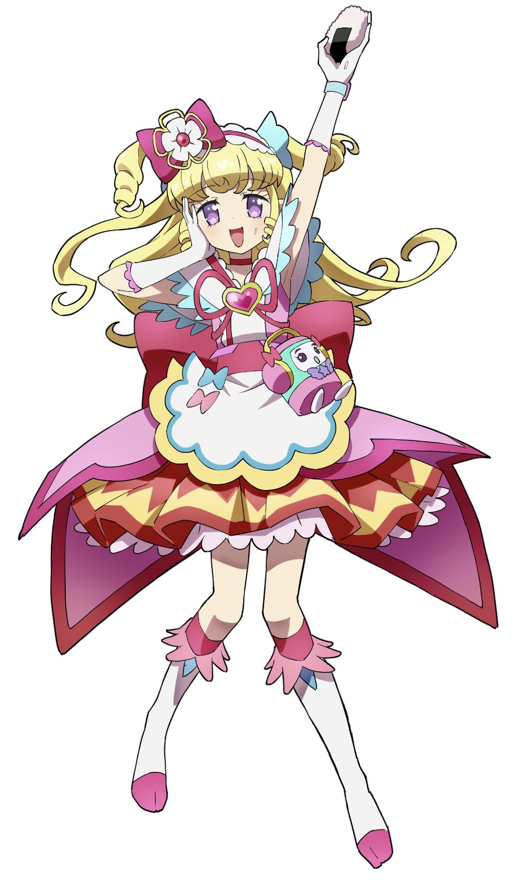 1girl, :d, arm_up, blonde_hair, blue_bow, boots, bow, commentary_request