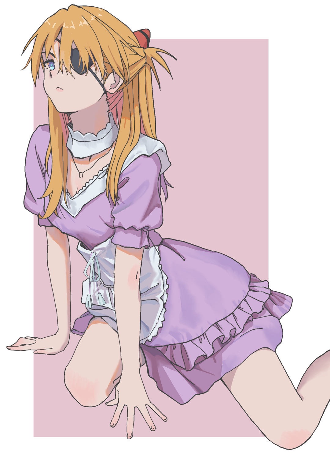 1girl, :<, alternate_costume, apron, arm_support, blue_eyes, border, collar, dress, enmaided, evangelion:_3.0_you_can_(not)_redo, eyepatch, foot_out_of_frame, frilled_dress, frills, from_side, hairpods, highres, huadan_xie, interface_headset, jewelry, looking_at_viewer, maid, maid_apron, neon_genesis_evangelion, one_eye_covered, orange_hair, outside_border, pendant, pink_background, pink_dress, rebuild_of_evangelion, short_sleeves, simple_background, sitting, solo, souryuu_asuka_langley, wariza, white_apron, white_border, white_collar