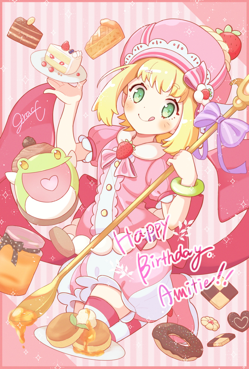 1girl, amitie_(puyopuyo), blonde_hair, blush_stickers, bow, cake, cake_slice, character_name