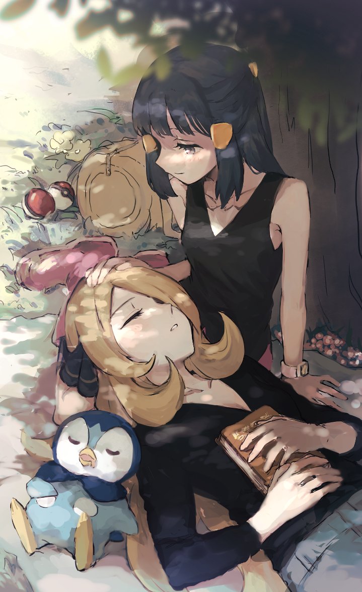2girls, bag, black_shirt, black_socks, blonde_hair, blue_hair, book, chikiso, closed_eyes, collarbone, commentary, cynthia_(pokemon), duffel_bag, grey_eyes, grey_pants, hair_ornament, hair_over_one_eye, hairclip, hand_on_another's_head, hikari_(pokemon), holding, holding_book, kneehighs, lap_pillow, long_hair, long_sleeves, lying, multiple_girls, on_back, on_ground, outdoors, pants, pink_footwear, piplup, poke_ball, pokemon, pokemon_(creature), pokemon_(game), pokemon_dppt, poketch, shirt, sitting, sleeping, sleeveless, sleeveless_shirt, smile, socks, tree, tree_shade, under_tree, watch, watch, wavy_hair, yellow_bag, yokozuwari