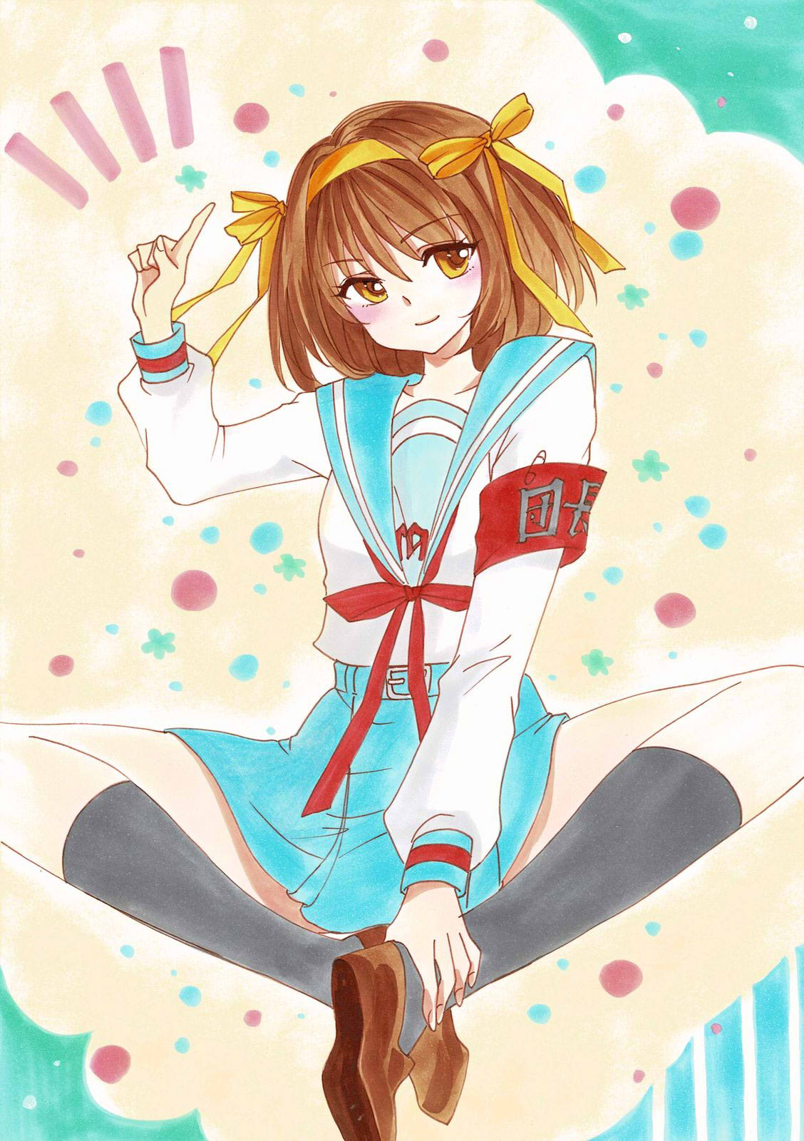 1girl, armband, blue_sailor_collar, blue_skirt, brown_eyes, brown_footwear, brown_hair, collarbone