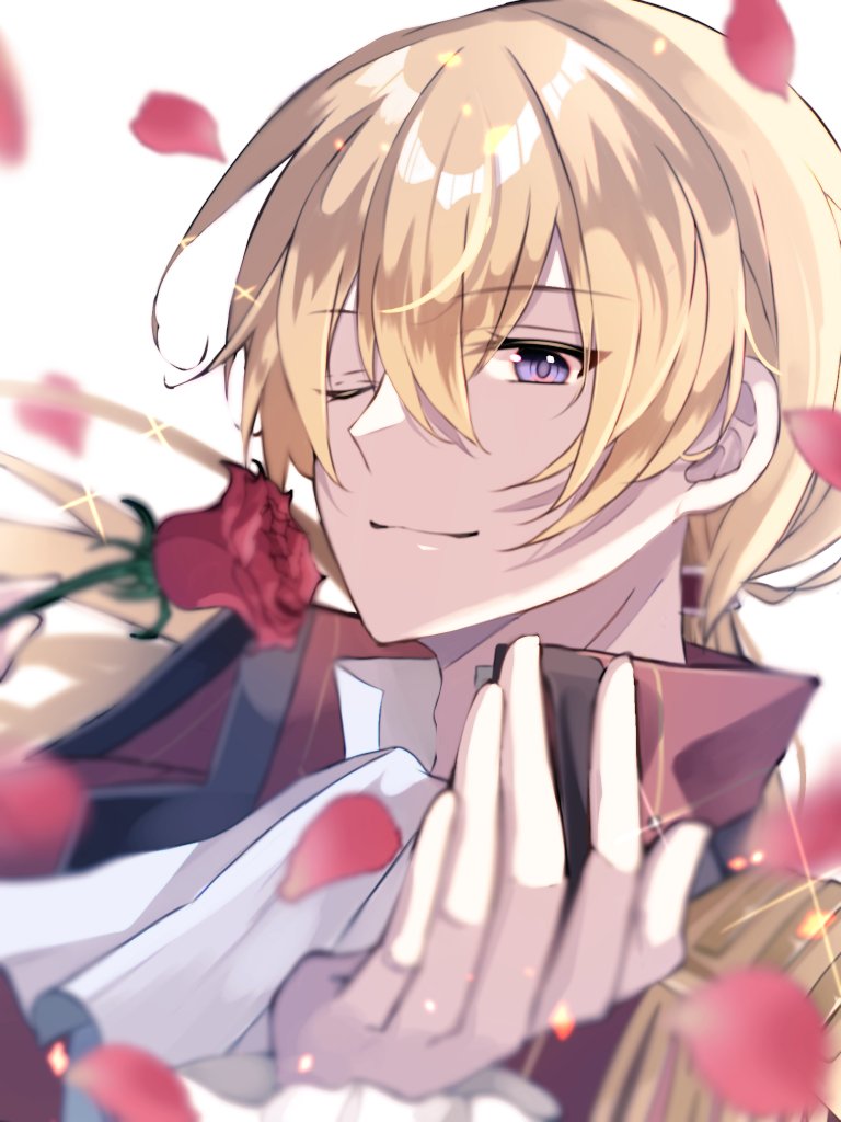 1boy, ascot, blonde_hair, closed_mouth, collar, commentary, eiyuu_densetsu, epaulettes, flower, hair_between_eyes, long_hair, looking_at_viewer, male_focus, natsusechoco, olivert_reise_arnor, one_eye_closed, petals, red_collar, red_flower, red_rose, rose, rose_petals, sen_no_kiseki, simple_background, solo, sora_no_kiseki, symbol-only_commentary, upper_body, violet_eyes, white_ascot, white_background
