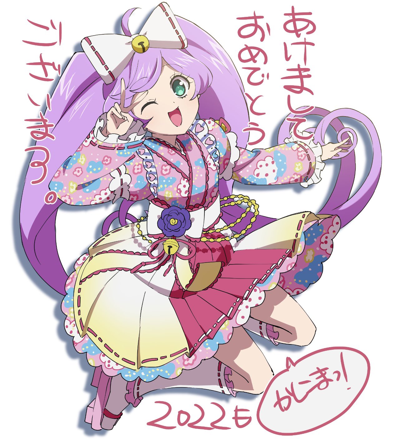 1girl, ;d, ahoge, bow, commentary_request, edamame_(buruburu), floral_print, flower