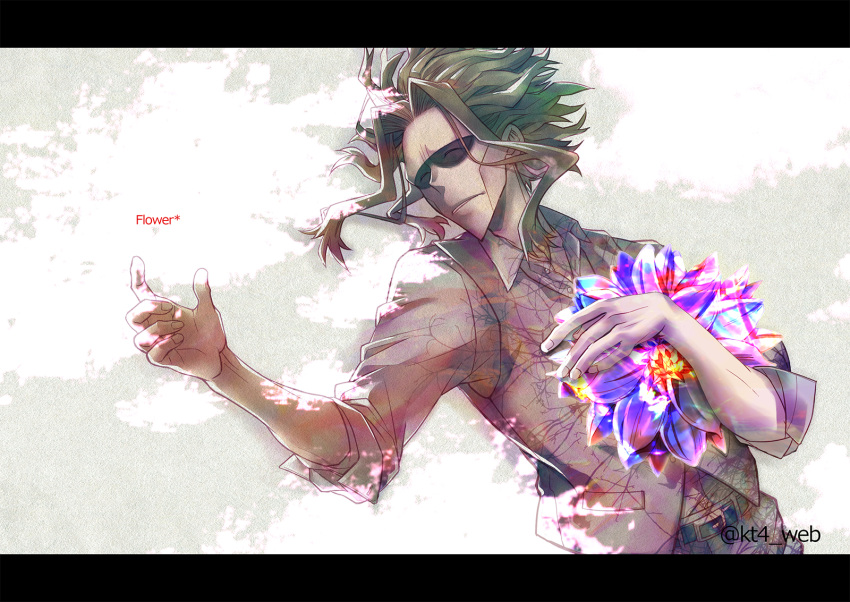 1boy, belt, black_belt, blonde_hair, boku_no_hero_academia, closed_eyes, collared_shirt, crystal_flower, english_text, fingernails, highres, letterboxed, lying, male_focus, mature_male, on_back, pants, parted_lips, pocket, shirt, solo, tsukuyomi_kou, twitter_username, white_shirt, yagi_toshinori