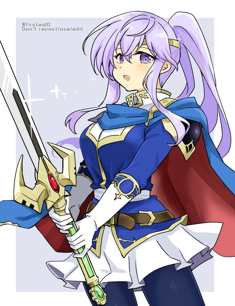 1girl, alternate_costume, alternate_hairstyle, cape, circlet, cosplay, fire_emblem, fire_emblem:_genealogy_of_the_holy_war, gloves, holding, holding_sword, holding_weapon, julia_(fire_emblem), looking_at_viewer, pantyhose, ponytail, purple_hair, seliph_(fire_emblem), seliph_(fire_emblem)_(cosplay), simple_background, skirt, solo, sword, tyrfing_(fire_emblem), violet_eyes, weapon, yukia_(firstaid0)