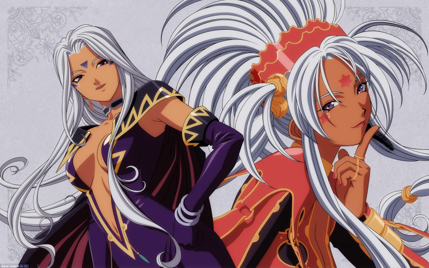aa_megami-sama, bangles, brown_eyes, choker, cleavage, closed_mouth, dark-skinned_female, demon